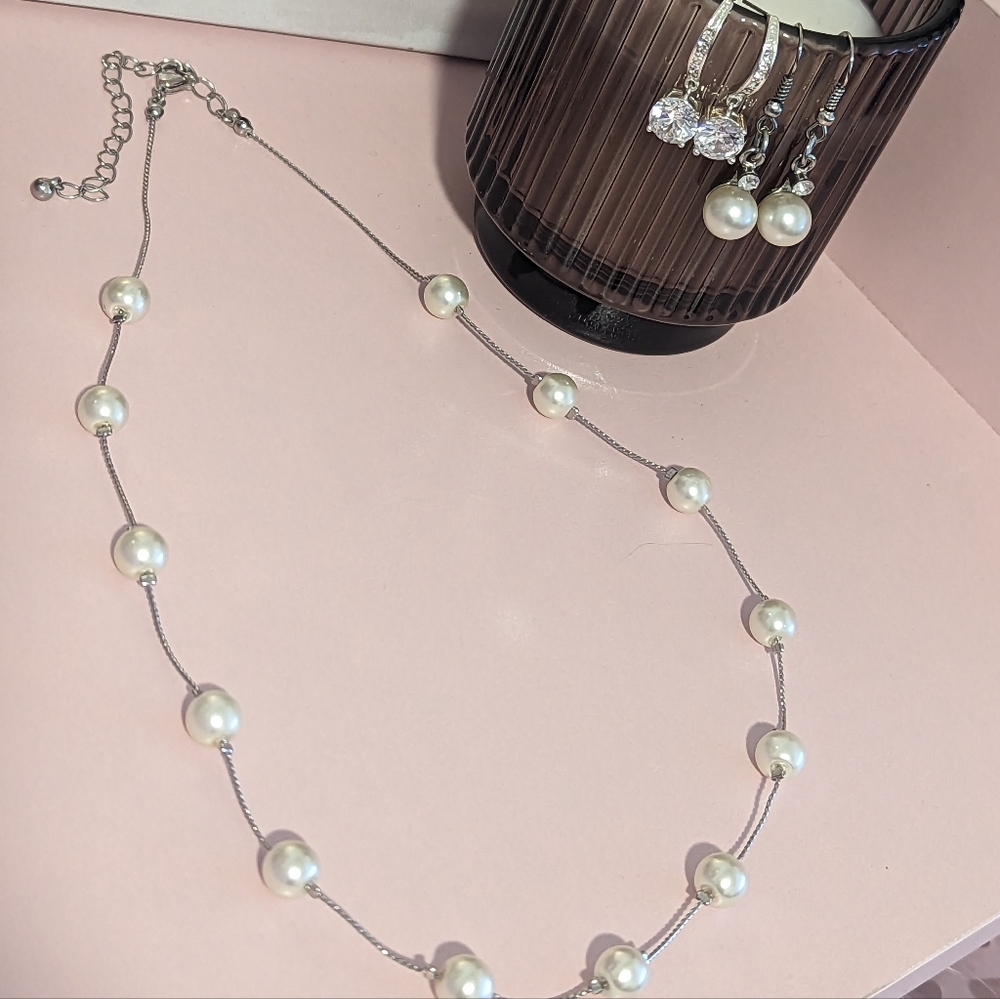 Vintage Faux Pearl Necklace & Earrings Set